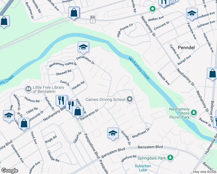 map of restaurants, bars, coffee shops, grocery stores, and more near 3204 Farragut Court in Bensalem
