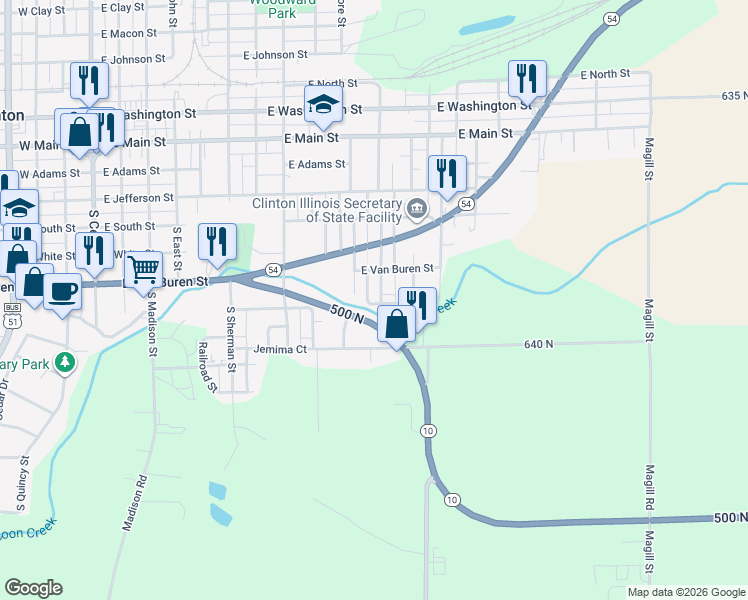 map of restaurants, bars, coffee shops, grocery stores, and more near 517 South Isabella Street in Clinton