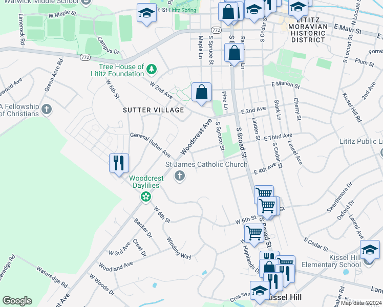 map of restaurants, bars, coffee shops, grocery stores, and more near 401 South Walnut Street in Lititz