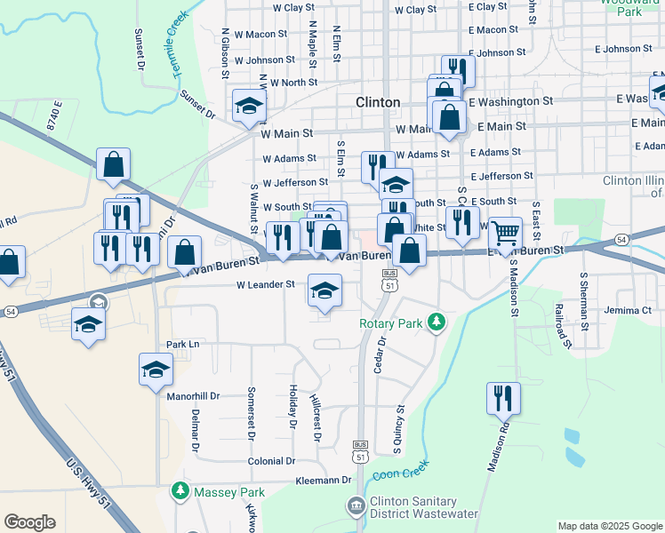map of restaurants, bars, coffee shops, grocery stores, and more near 514 West Van Buren Street in Clinton