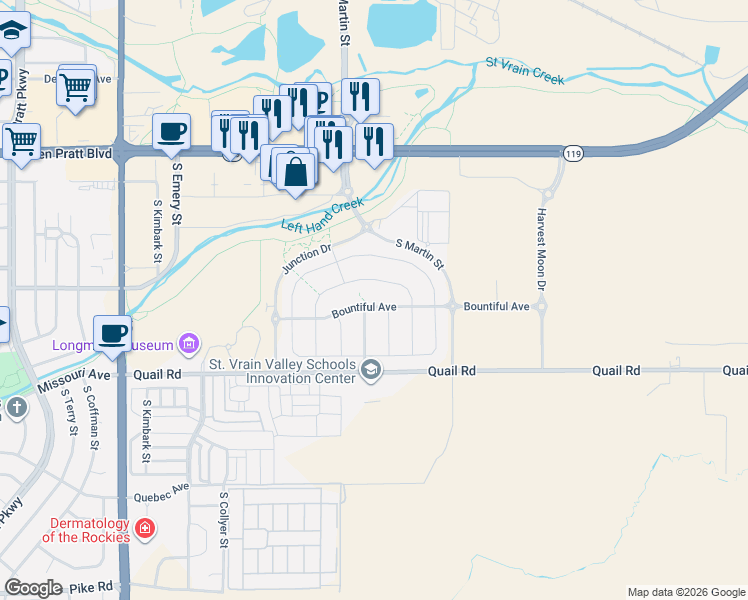 map of restaurants, bars, coffee shops, grocery stores, and more near 72 Bountiful Avenue in Longmont