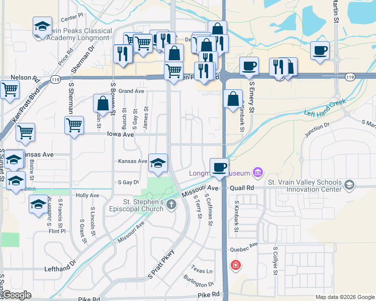 map of restaurants, bars, coffee shops, grocery stores, and more near 1012 Kane Drive in Longmont