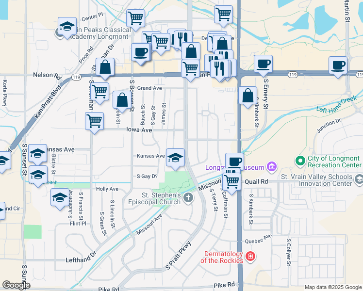 map of restaurants, bars, coffee shops, grocery stores, and more near 1006 South Bross Street in Longmont