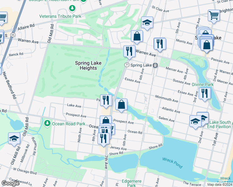 map of restaurants, bars, coffee shops, grocery stores, and more near 521 New Jersey 71 in Spring Lake