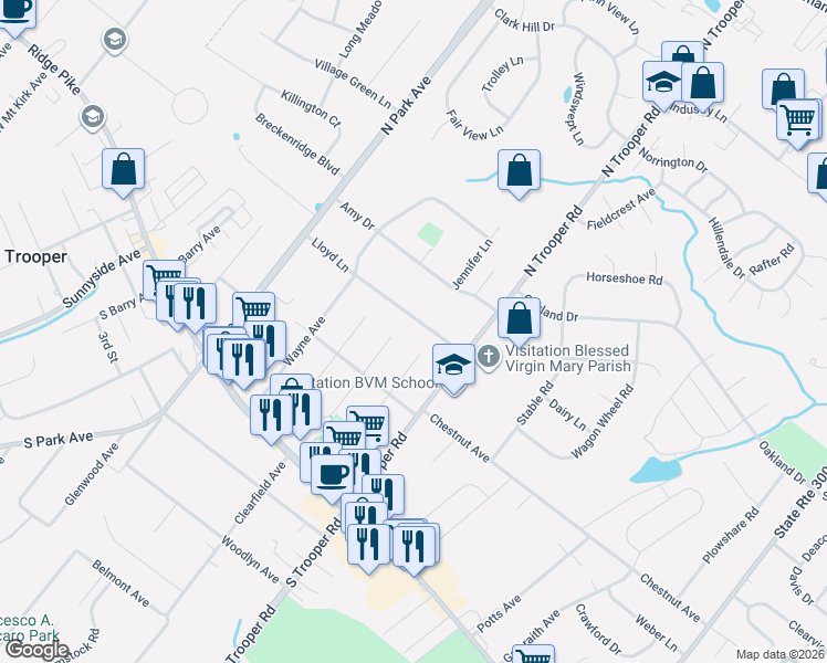 map of restaurants, bars, coffee shops, grocery stores, and more near 2606 Lloyd Lane in Eagleville