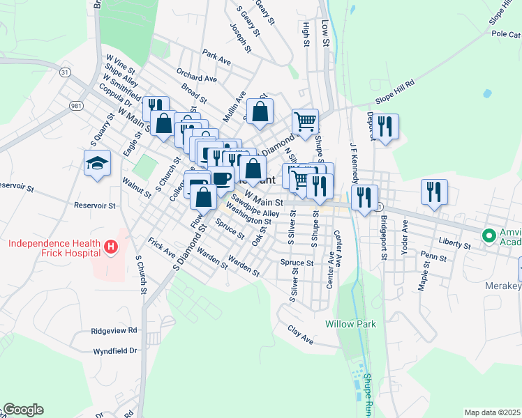 map of restaurants, bars, coffee shops, grocery stores, and more near 10 South Hitchman Street in Mount Pleasant