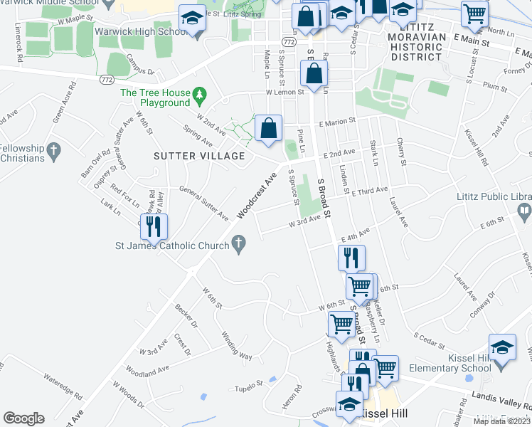 map of restaurants, bars, coffee shops, grocery stores, and more near 114 West End Avenue in Lititz