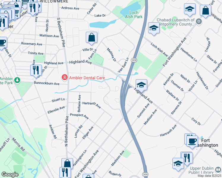 map of restaurants, bars, coffee shops, grocery stores, and more near 1276 Basswood Grove in Ambler