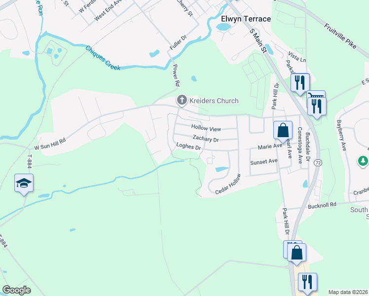map of restaurants, bars, coffee shops, grocery stores, and more near 229 Loghes Drive in Manheim