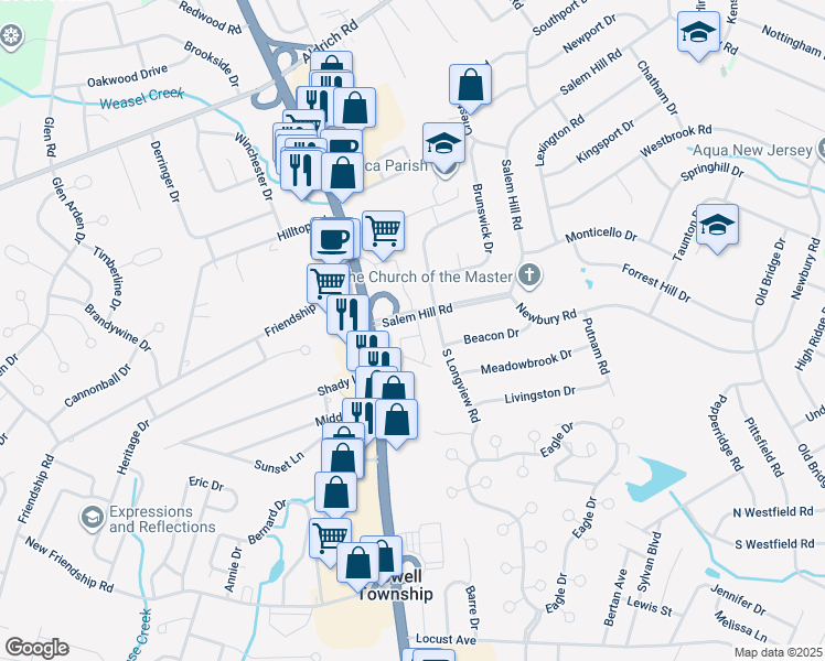 map of restaurants, bars, coffee shops, grocery stores, and more near 102 Candlewood Commons in Howell Township