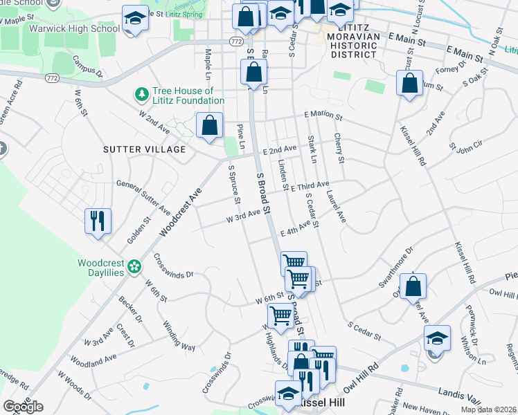 map of restaurants, bars, coffee shops, grocery stores, and more near 498 South Broad Street in Lititz