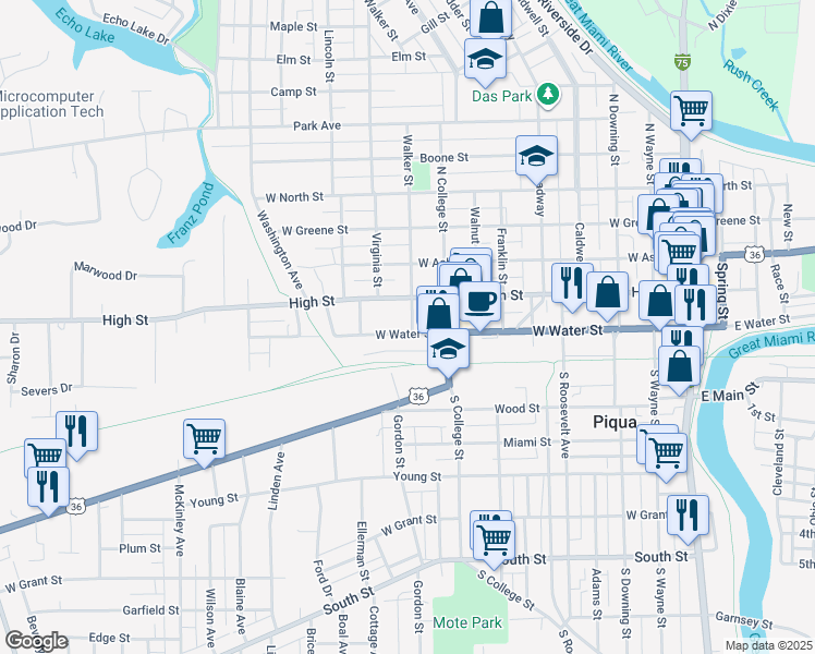 map of restaurants, bars, coffee shops, grocery stores, and more near 800 West Water Street in Piqua