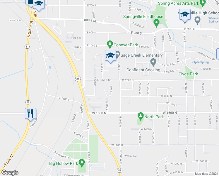 map of restaurants, bars, coffee shops, grocery stores, and more near 1380 South 625 East in Springville