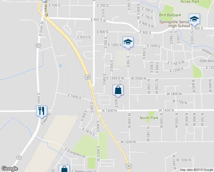 map of restaurants, bars, coffee shops, grocery stores, and more near 1261 South 500 East in Springville