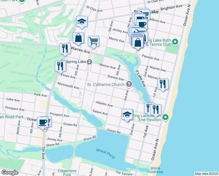 map of restaurants, bars, coffee shops, grocery stores, and more near 405 Essex Avenue in Spring Lake