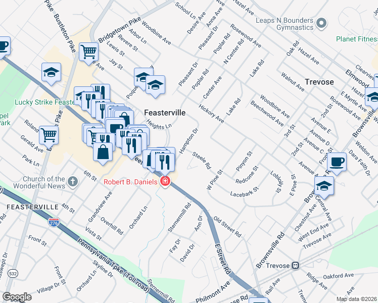 map of restaurants, bars, coffee shops, grocery stores, and more near 323 Hampton Drive in Feasterville-Trevose