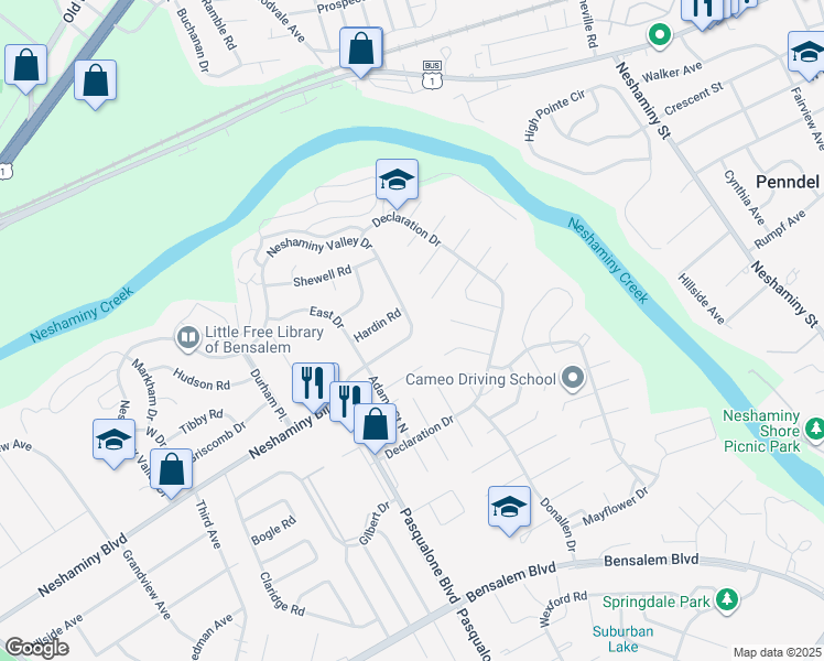 map of restaurants, bars, coffee shops, grocery stores, and more near 6511 Neshaminy Valley Drive in Bensalem