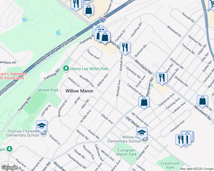 map of restaurants, bars, coffee shops, grocery stores, and more near 1816 North Hills Avenue in Willow Grove