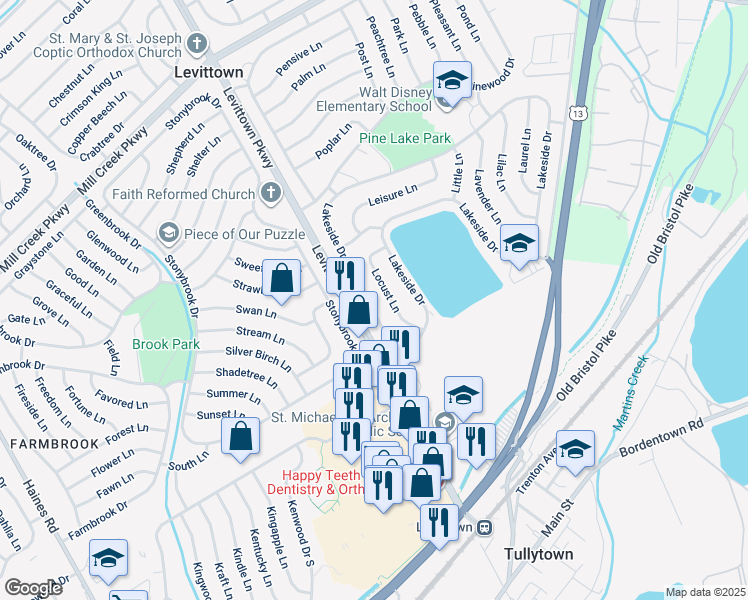 map of restaurants, bars, coffee shops, grocery stores, and more near 32 Lakeside Drive in Levittown