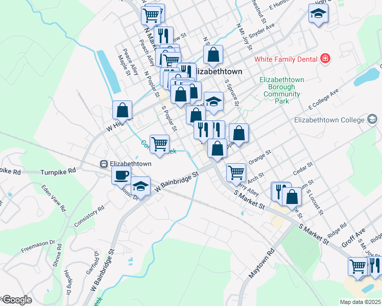 map of restaurants, bars, coffee shops, grocery stores, and more near 37 West Bainbridge Street in Elizabethtown