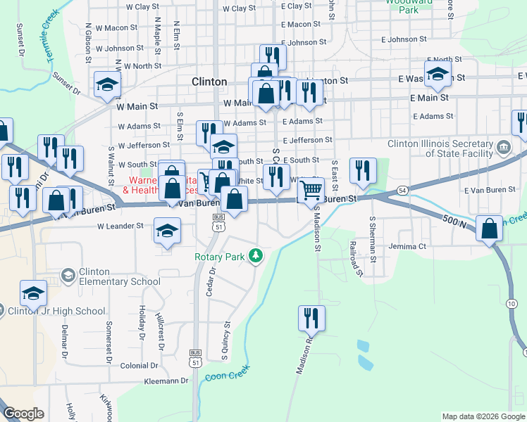 map of restaurants, bars, coffee shops, grocery stores, and more near 623 South Center Street in Clinton