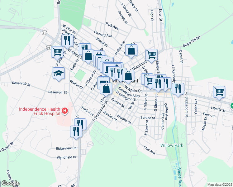 map of restaurants, bars, coffee shops, grocery stores, and more near 433 Washington Street in Mount Pleasant