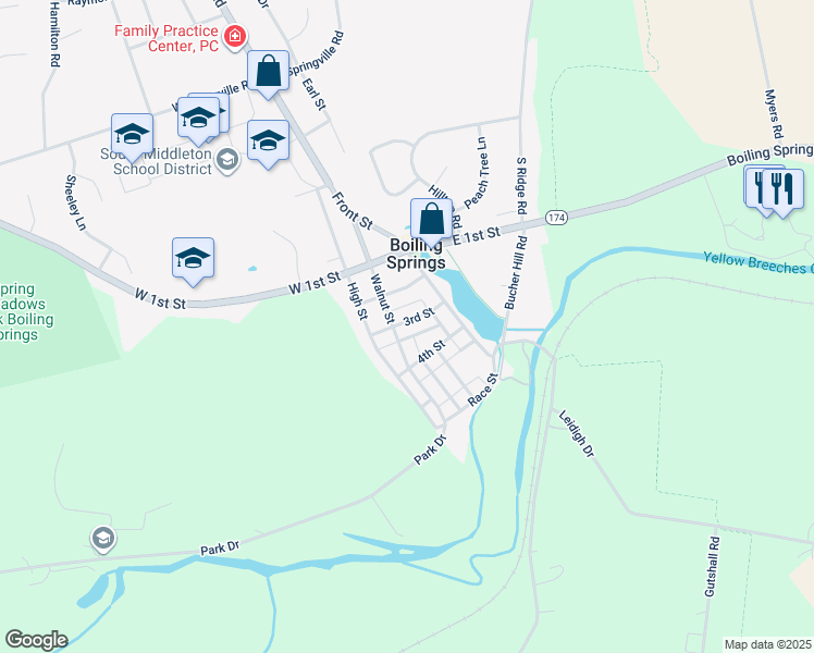 map of restaurants, bars, coffee shops, grocery stores, and more near 118 3rd Street in Boiling Springs