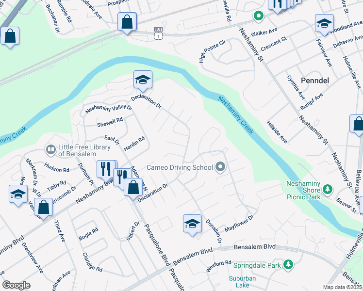 map of restaurants, bars, coffee shops, grocery stores, and more near 3212 Farragut Court in Bensalem
