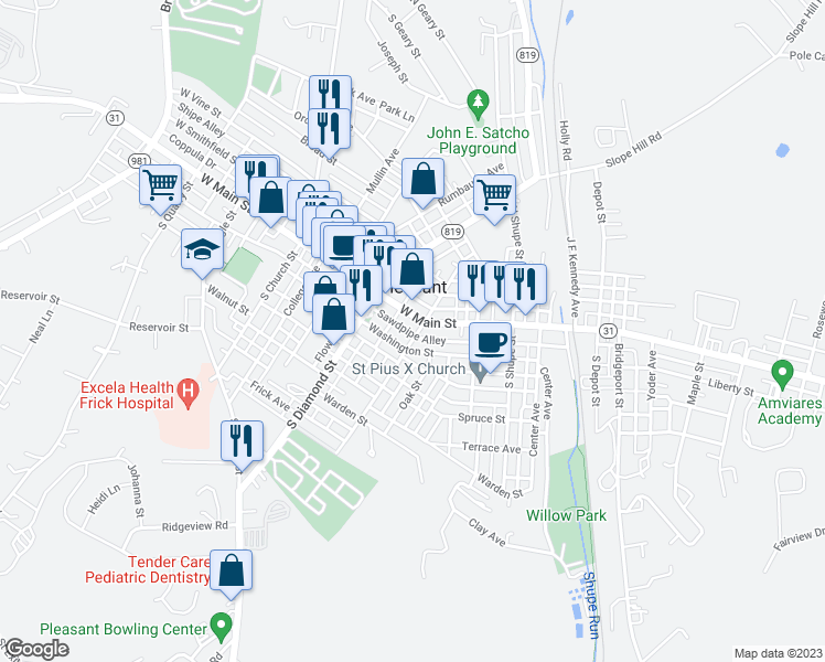 map of restaurants, bars, coffee shops, grocery stores, and more near 10 South Hitchman Street in Mount Pleasant