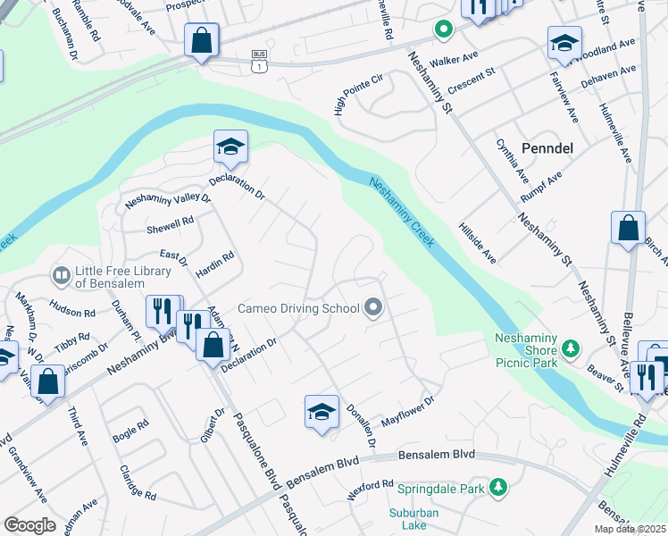 map of restaurants, bars, coffee shops, grocery stores, and more near 6605 Senator Lane in Bensalem