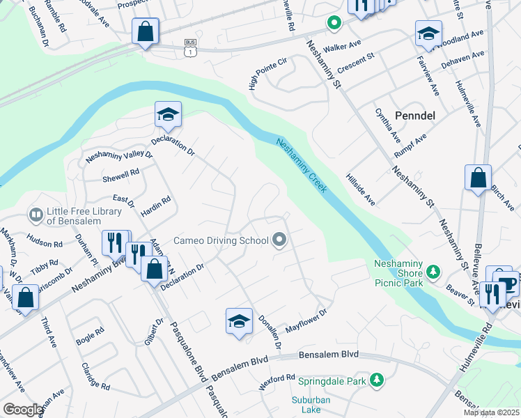 map of restaurants, bars, coffee shops, grocery stores, and more near 6508 Senator Lane in Bensalem