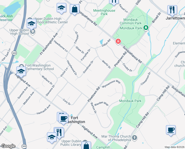 map of restaurants, bars, coffee shops, grocery stores, and more near 1305 Hawthorne Lane in Fort Washington