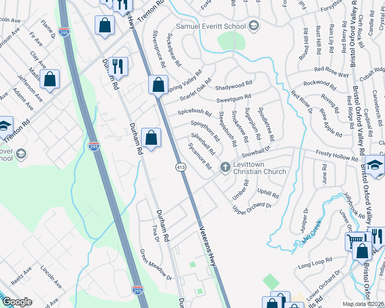 map of restaurants, bars, coffee shops, grocery stores, and more near 33 Sycamore Road in Levittown