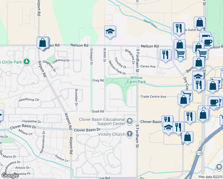 map of restaurants, bars, coffee shops, grocery stores, and more near 1004 Creek Court in Longmont