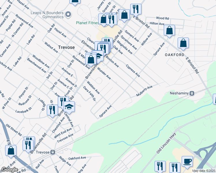 map of restaurants, bars, coffee shops, grocery stores, and more near 3861 Redwood Avenue in Feasterville-Trevose