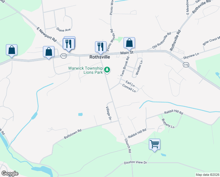 map of restaurants, bars, coffee shops, grocery stores, and more near 46 Twin Brook Road in Lititz