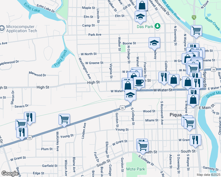 map of restaurants, bars, coffee shops, grocery stores, and more near 828 West Water Street in Piqua