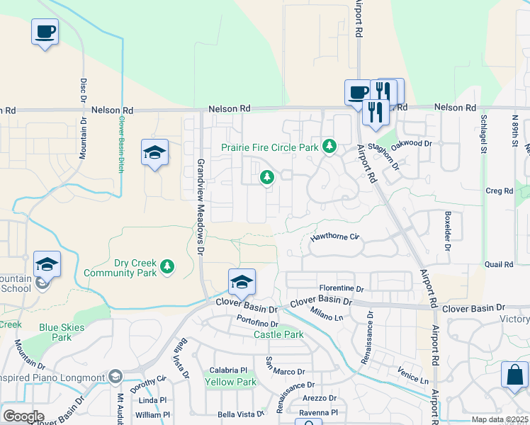 map of restaurants, bars, coffee shops, grocery stores, and more near 4401 Redmond Drive in Longmont