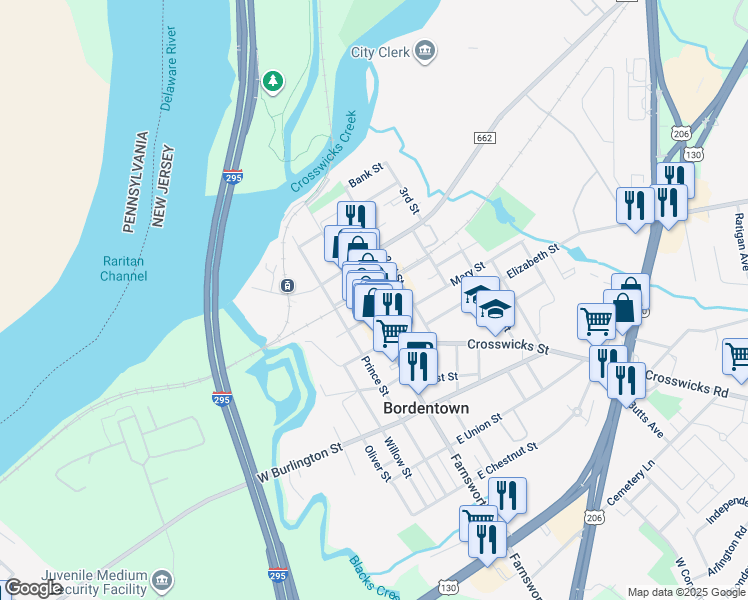map of restaurants, bars, coffee shops, grocery stores, and more near 11 East Church Street in Bordentown
