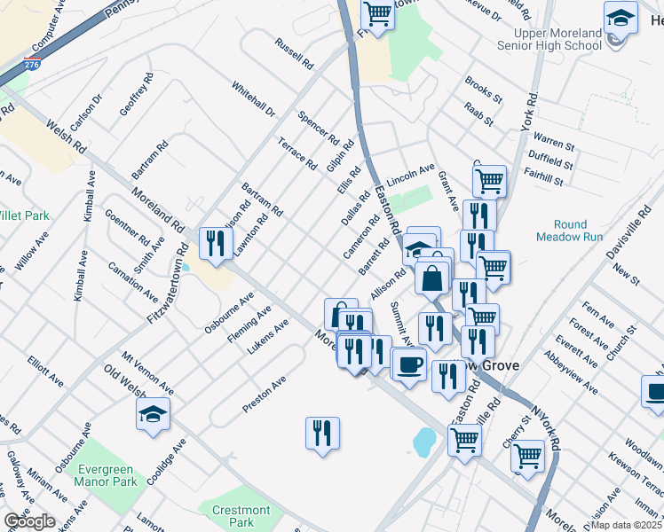 map of restaurants, bars, coffee shops, grocery stores, and more near 124 Cameron Road in Willow Grove