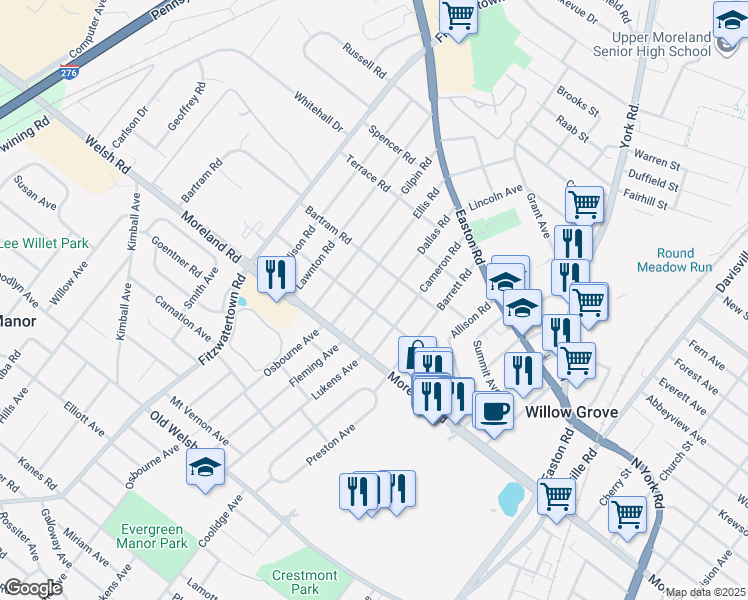 map of restaurants, bars, coffee shops, grocery stores, and more near 104 Dallas Road in Willow Grove