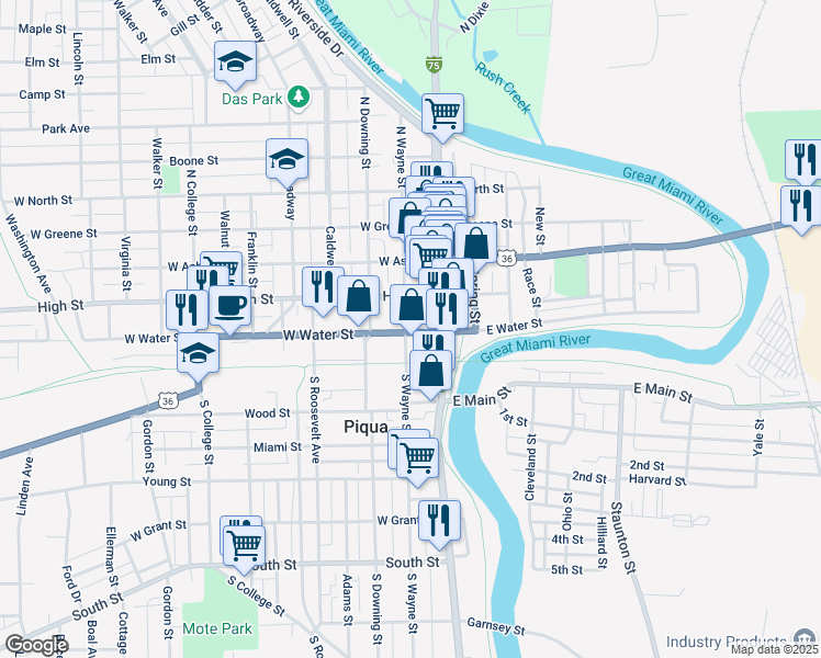 map of restaurants, bars, coffee shops, grocery stores, and more near 124 North Main Street in Piqua