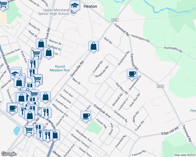 map of restaurants, bars, coffee shops, grocery stores, and more near 182 Sleighride Rd in Willow Grove