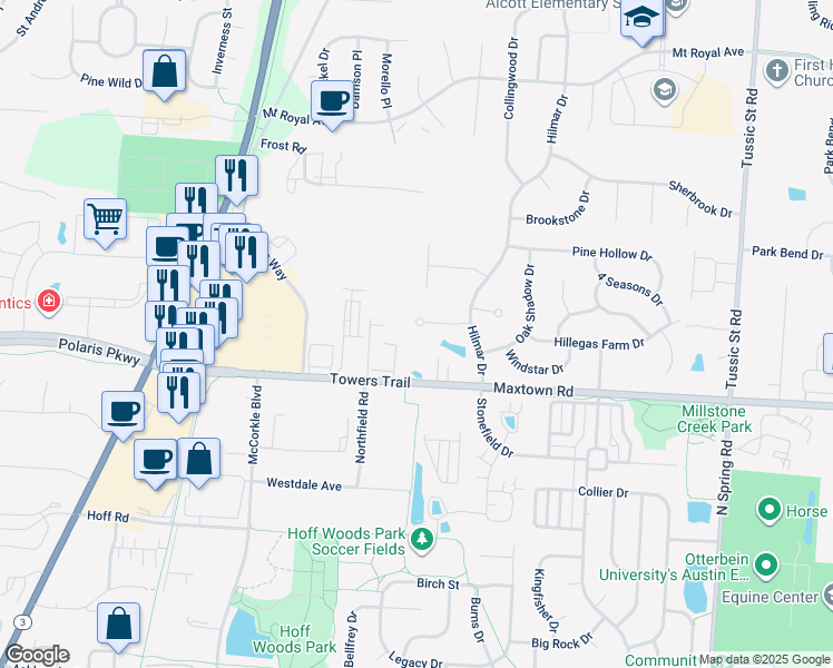 map of restaurants, bars, coffee shops, grocery stores, and more near 6400 Ridge Lake Court in Westerville