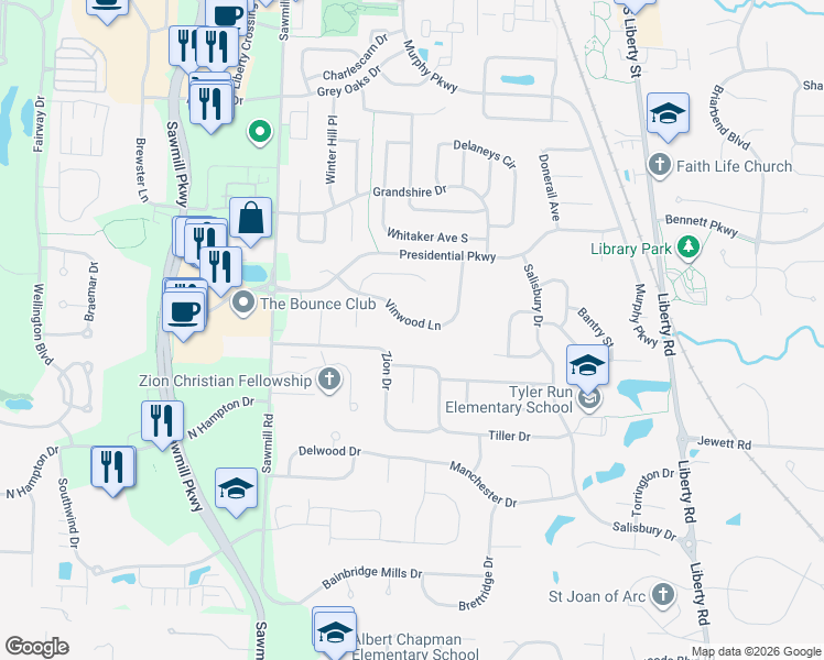 map of restaurants, bars, coffee shops, grocery stores, and more near 371 Vinwood Lane in Powell