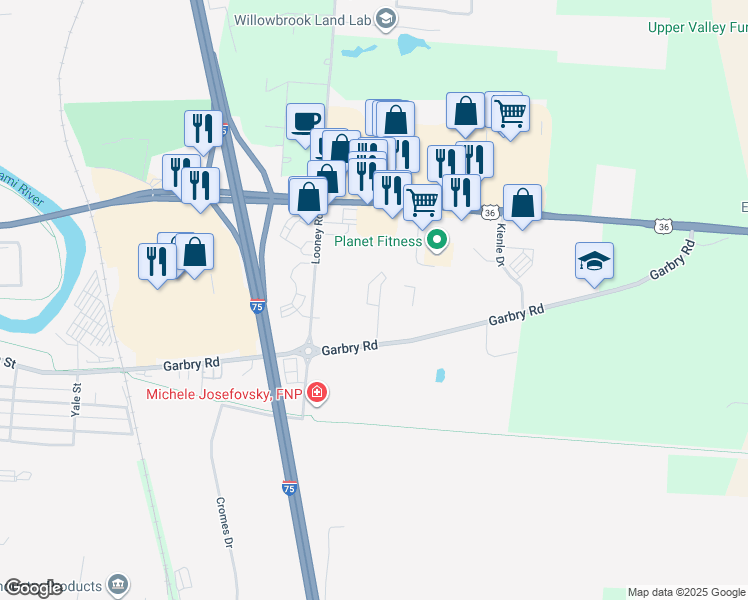 map of restaurants, bars, coffee shops, grocery stores, and more near 1240 Garbry Road in Piqua