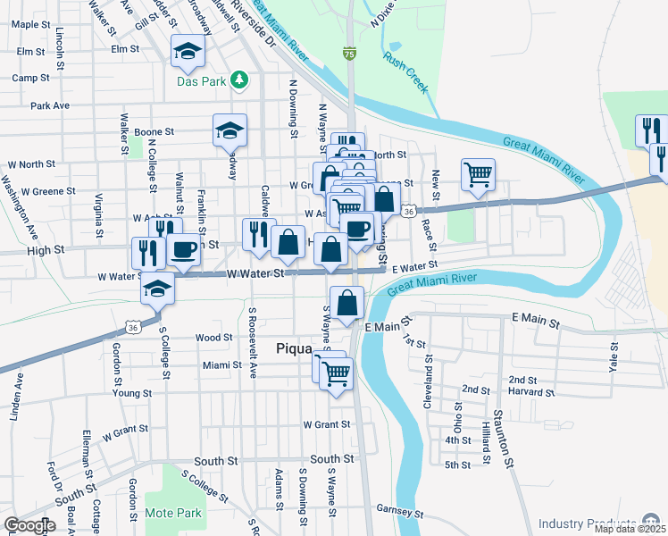 map of restaurants, bars, coffee shops, grocery stores, and more near 124 North Main Street in Piqua