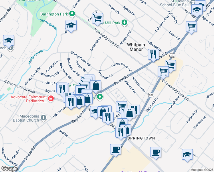 map of restaurants, bars, coffee shops, grocery stores, and more near 3005 Swede Road in Norristown