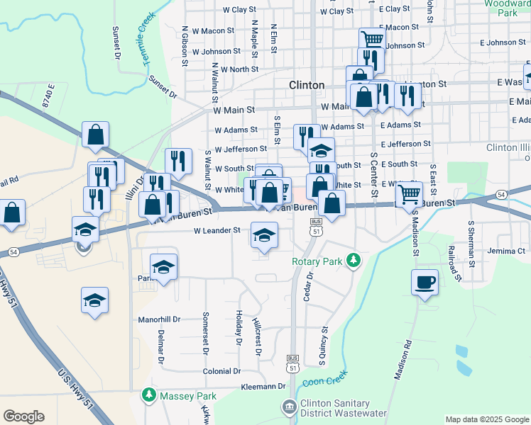 map of restaurants, bars, coffee shops, grocery stores, and more near 514 West Van Buren Street in Clinton
