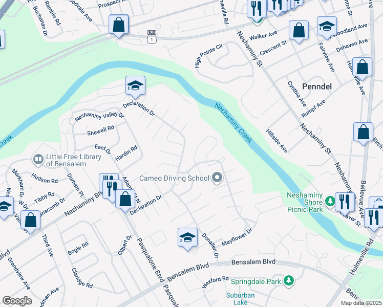 map of restaurants, bars, coffee shops, grocery stores, and more near 6605 Senator Lane in Bensalem
